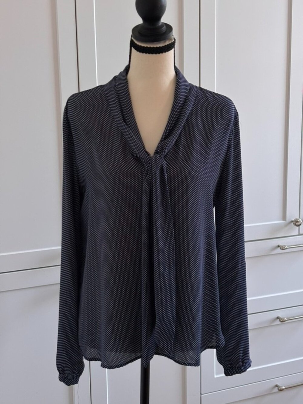 LOFT Navy Polka Dot Tie-Neck Blouse | Size S | Long Sleeve | Swing Silhouette
